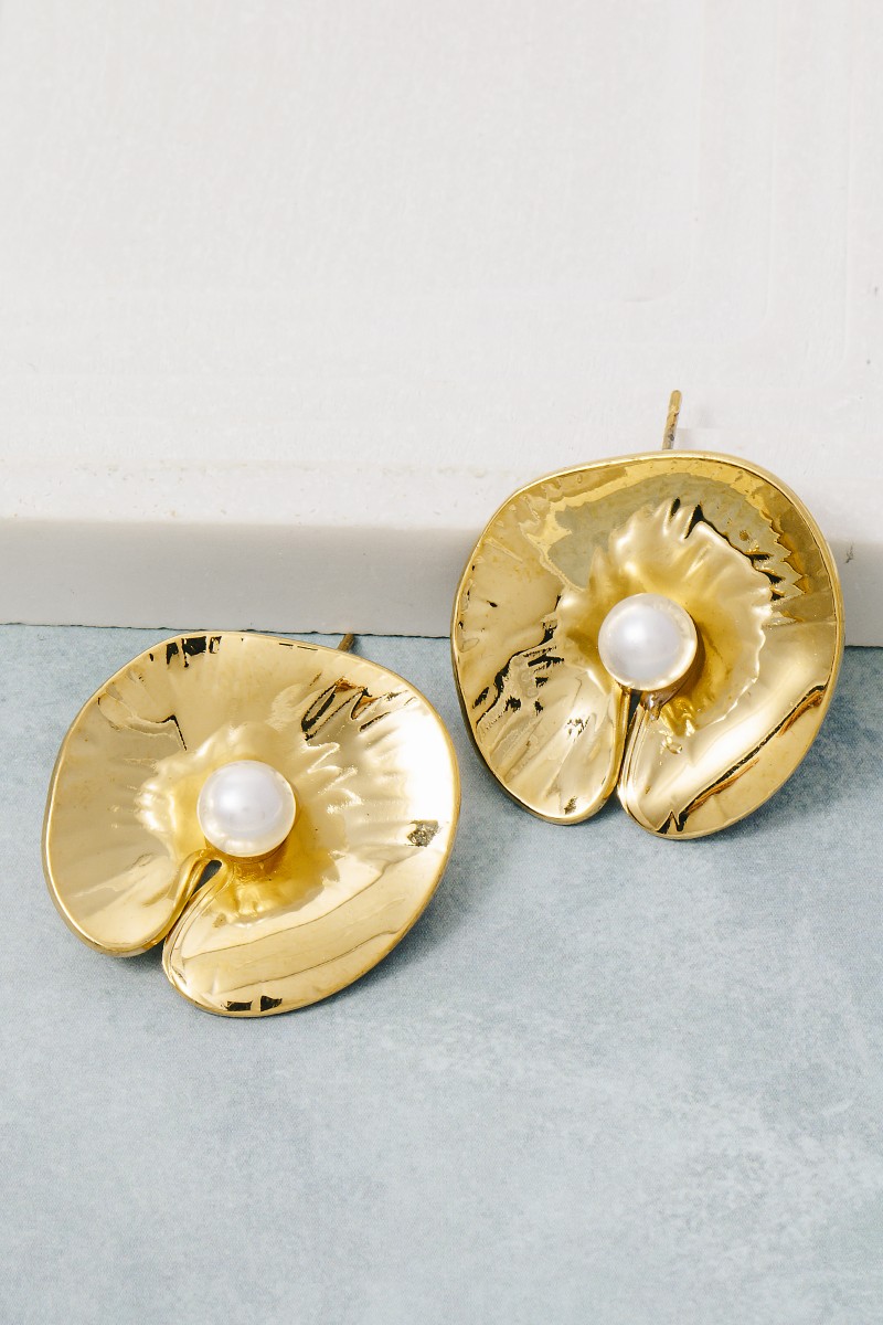 Gold Dipped Pearl Stud Lily Pad Stud Earrings
