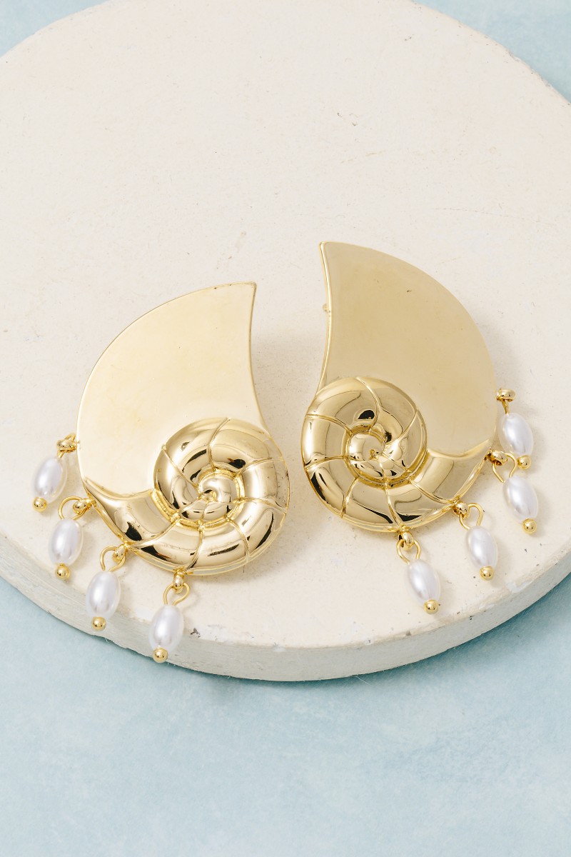 Gold Dipped Abstract Sea Shell And Pearls Large Stud Earrings