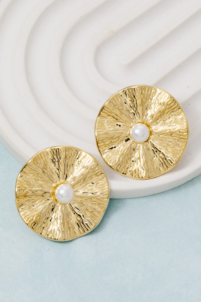 Gold Dipped Large Textured Pearl Stud Disc Stud Earrings