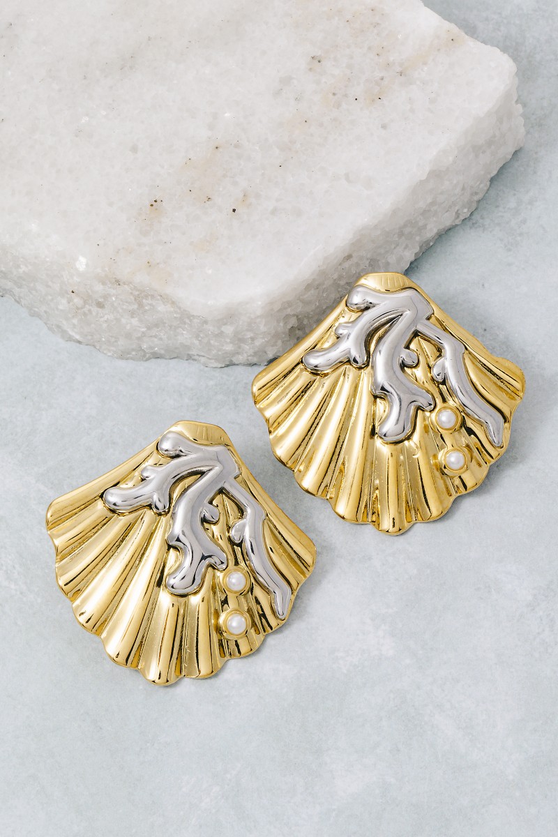Gold Dipped Two Tone Coral And Shell Large Stud Earrings