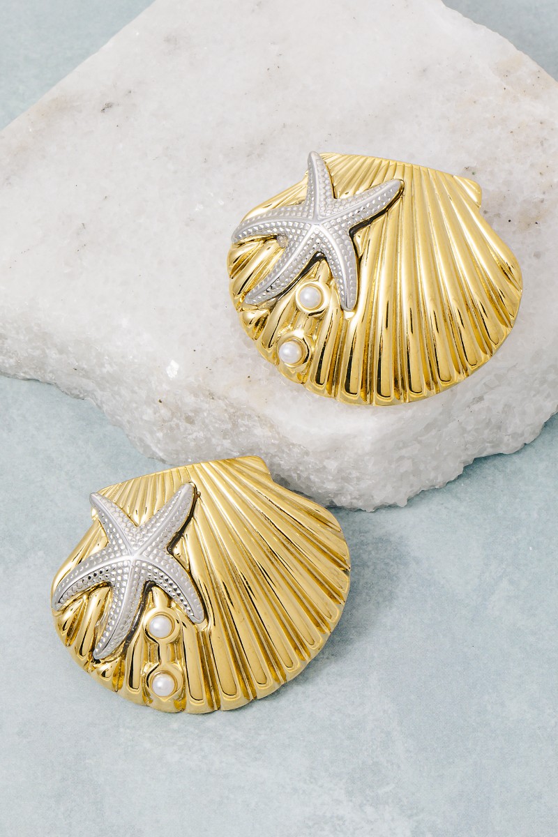 Gold Dipped Two Tone Starfish And Shell Large Stud Earrings