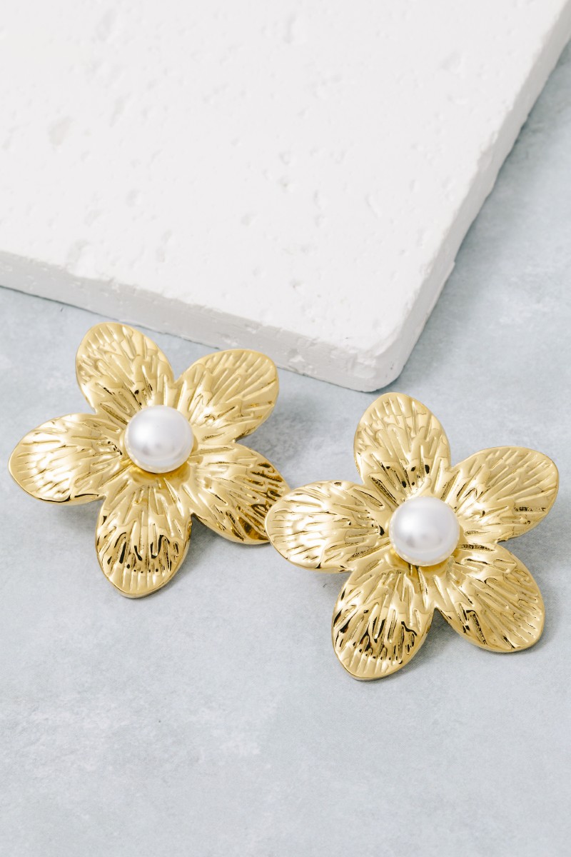 Gold Dipped Pearl Stud 5 Petal Flower Large Stud Earrings