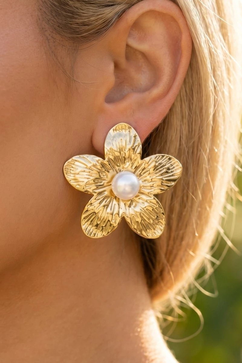 Gold Dipped Pearl Stud 5 Petal Flower Large Stud Earrings