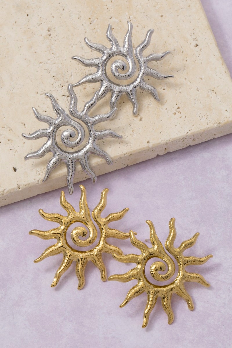 Stainless Steel Gold Dipped Spiral Sun Stud Earrings