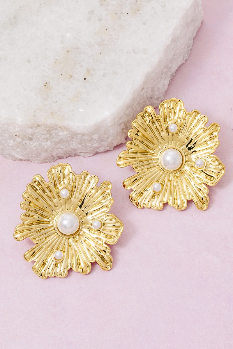 Gold Dipped Pearl Studded Abstract Disc Large Stud Earrings