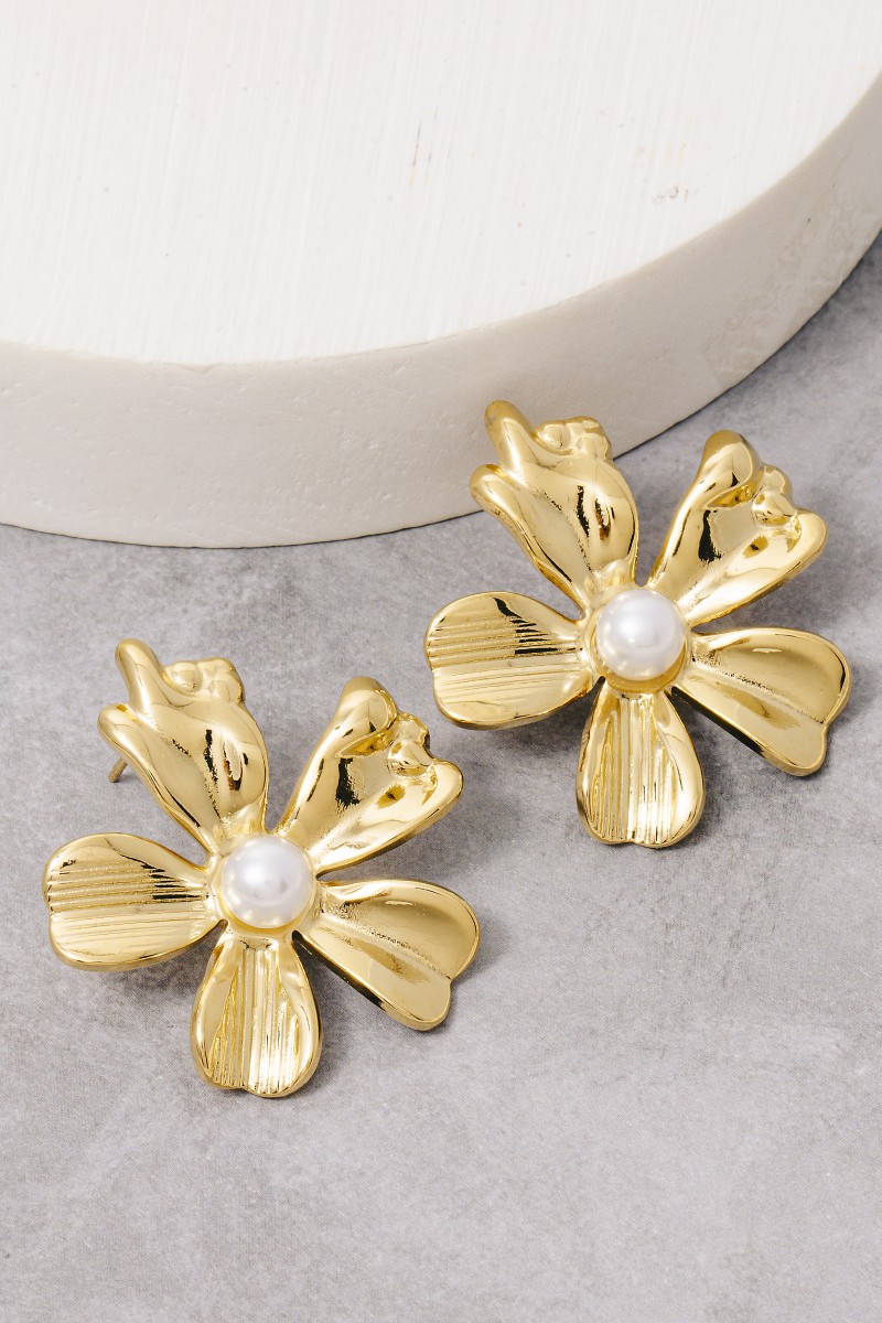 Gold Dipped Pearl Flower Large Stud Earrings