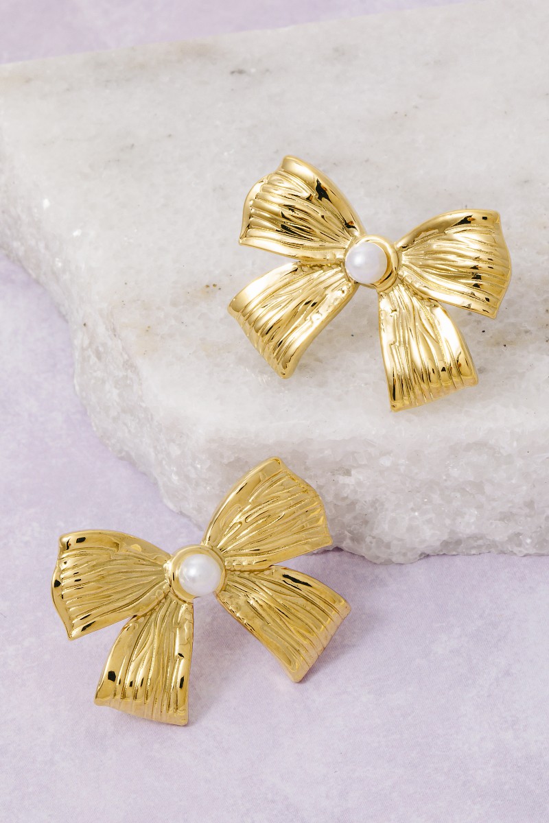 Gold Dipped Pearl Stud Ribbon Bow Large Stud Earrings