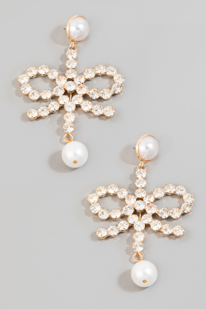 Rhinestone And Pearl Ribbon Bow Dangle Earrings