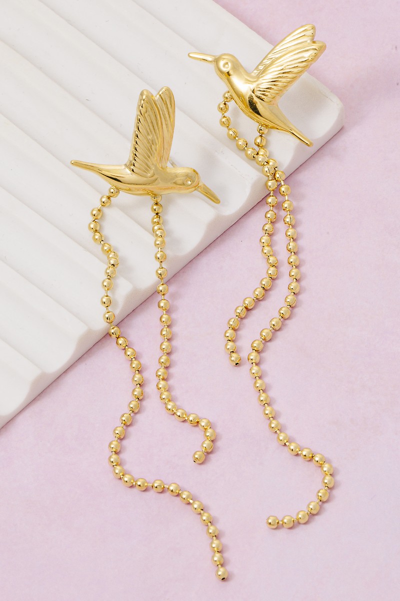 Gold Dipped Humming Bird And Chain Stud Dangle Earrings