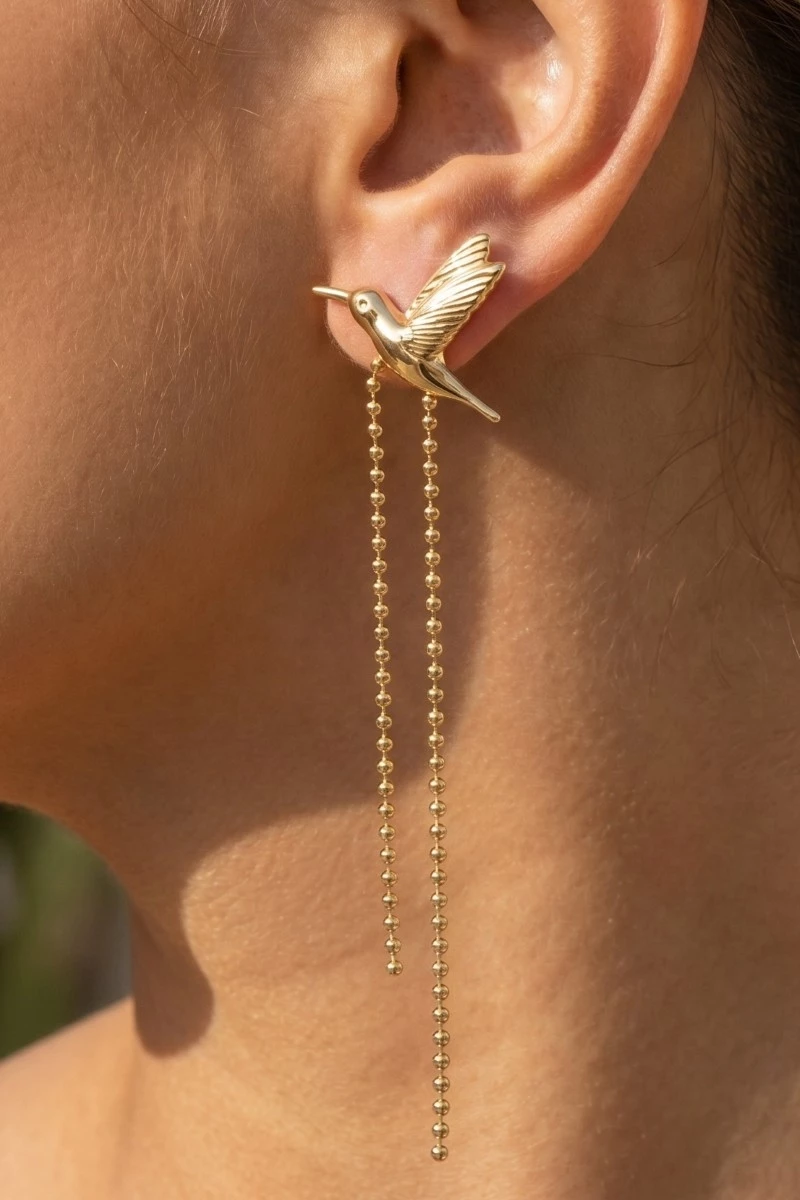 Gold Dipped Humming Bird And Chain Stud Dangle Earrings