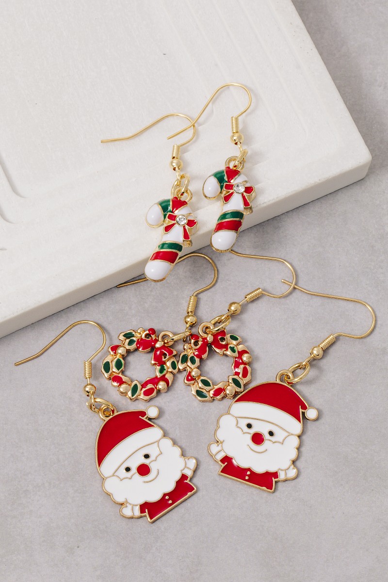 Mixed 3Pc Enamel Christmas Dangle Earrings Set