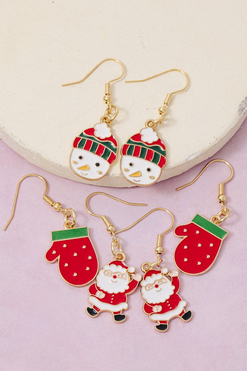 3Pc Assorted Christmas Enamel Dangle Earrings Set