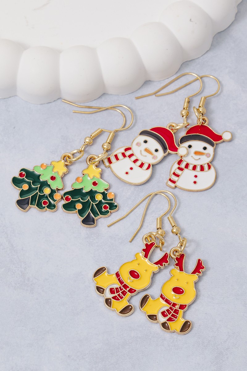 3Pc Mixed Christmas Enamel Dangle Earrings Set
