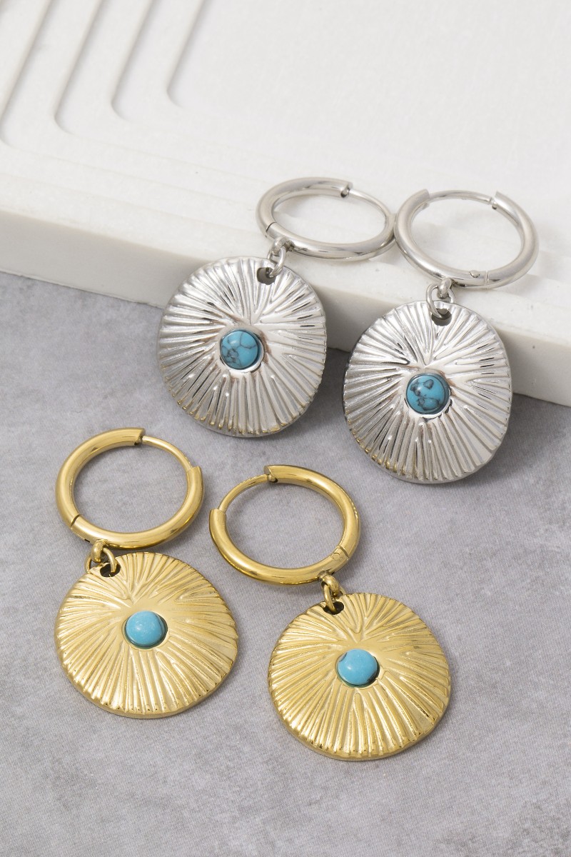 Turquoise Center Textured Disc Drop Earrings