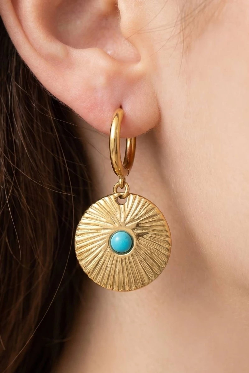 Turquoise Center Textured Disc Drop Earrings
