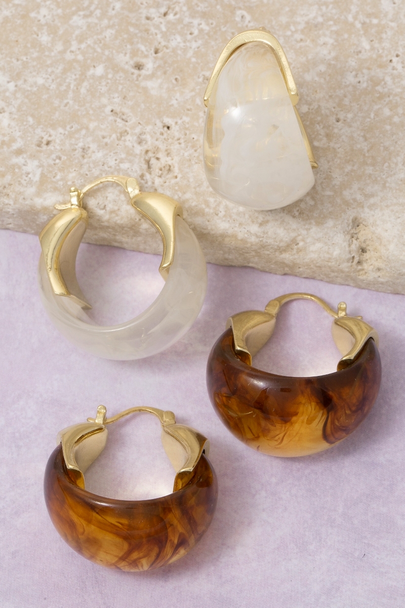 Marble Resin And Metallic Latch Hoop Drop Earrings
