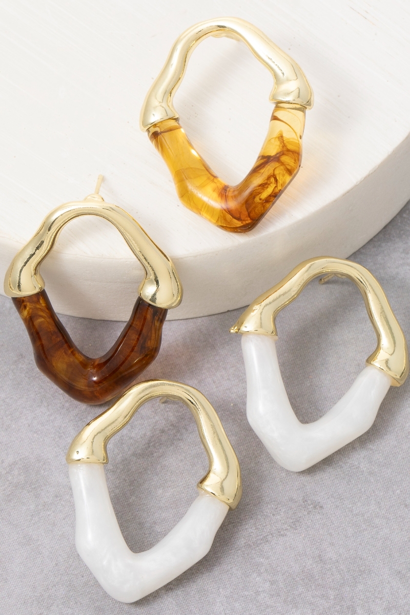 Warped Marble Resin And Metallic Oval Stud Earrings