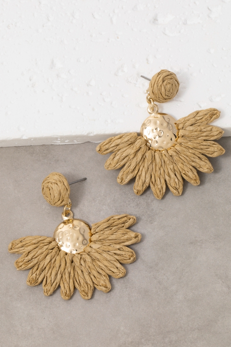 Straw Weave Half Flower Dangle Earrings