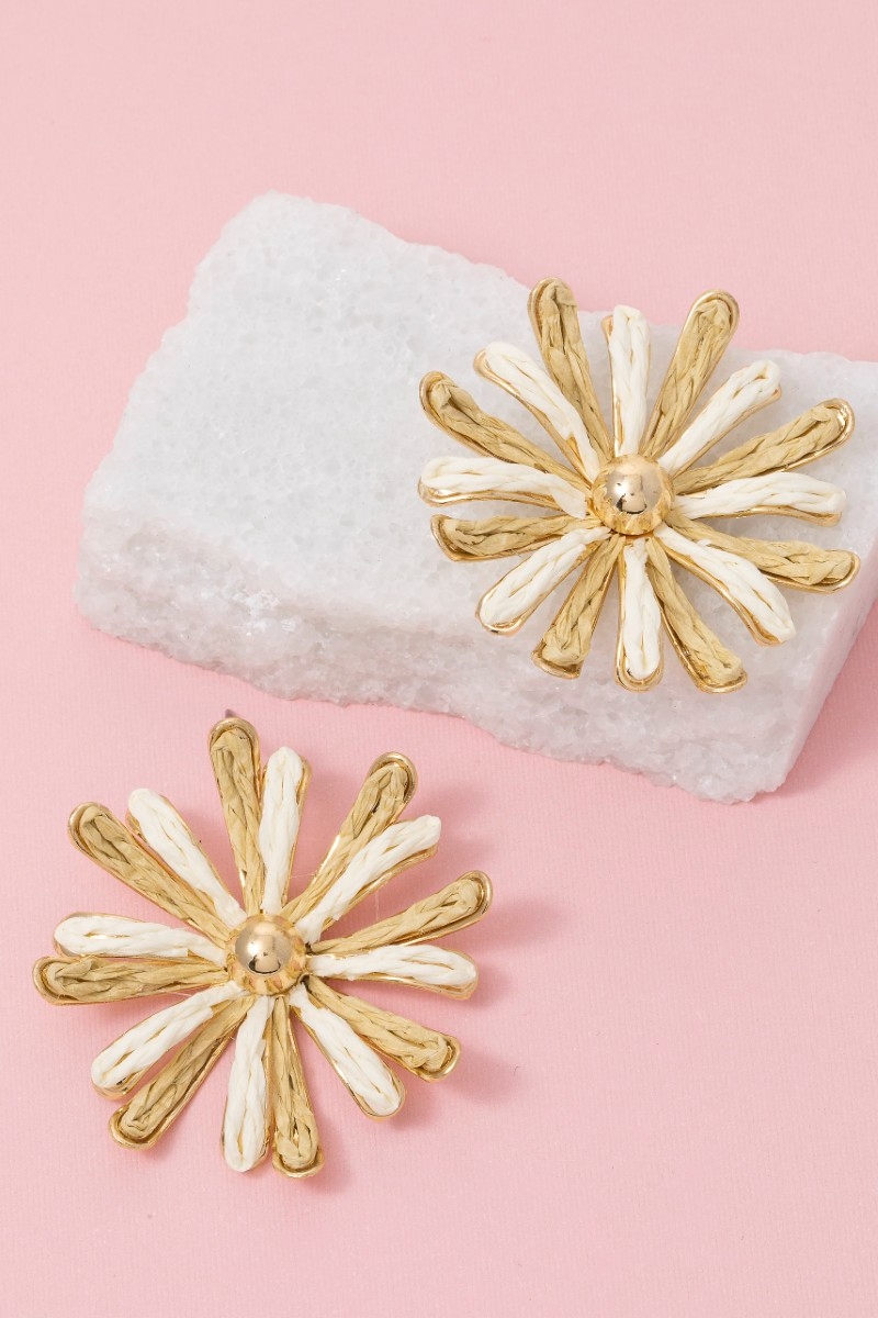 Two Tone Straw Weave Flower Stud Earrings