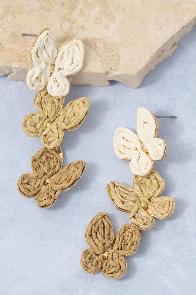 Straw Weave Triple Butterfly Dangle Earrings