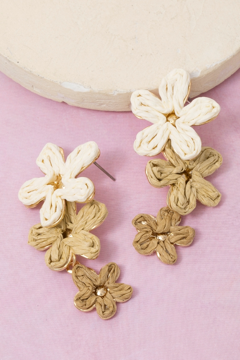 Straw Weave Triple Flower Dangle Earrings