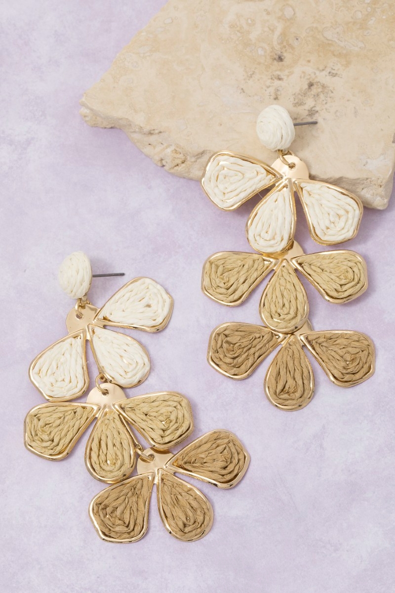 Straw Weave 3 Tone Tiered Petals Dangle Earrings