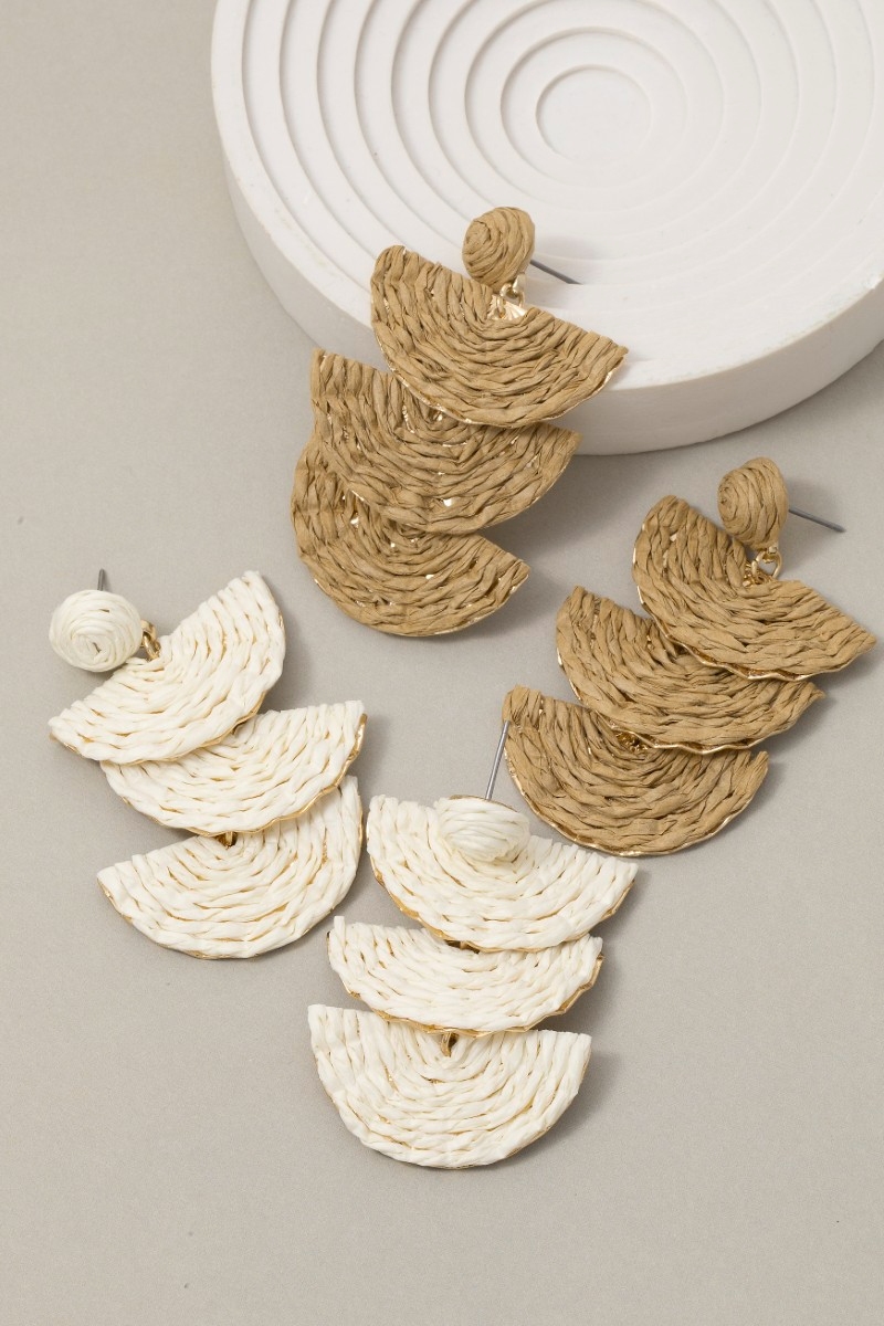Straw Weave Tiered Half Circles Dangle Earrings
