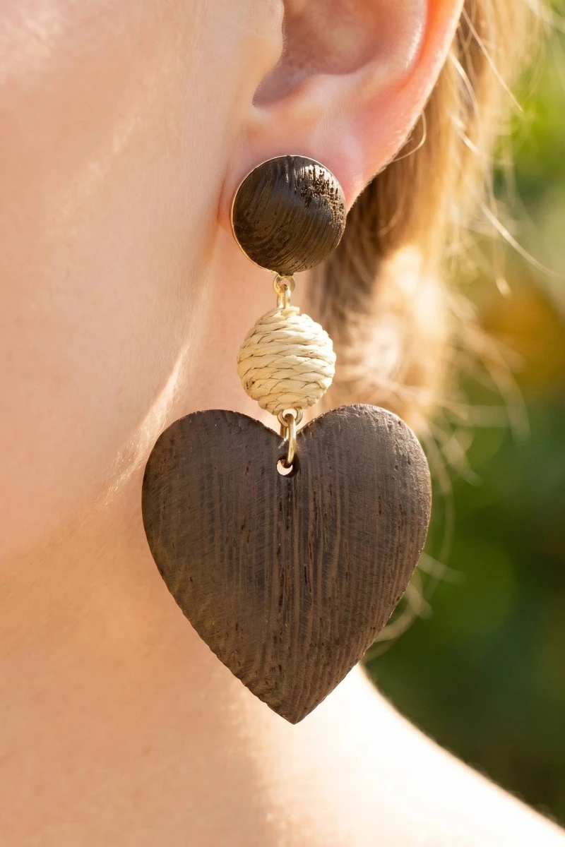 Wooden Heart And Straw Ball Dangle Earrings