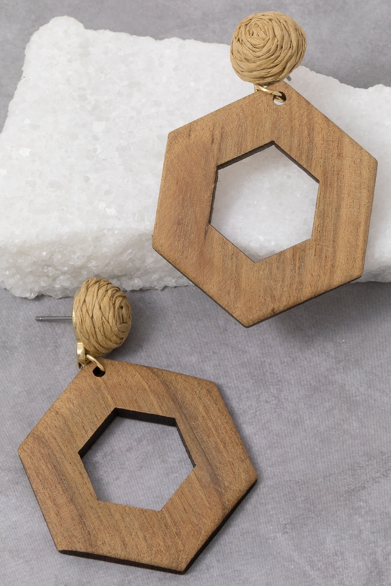 Wooden Hexagon And Straw Post Dangle Earrings