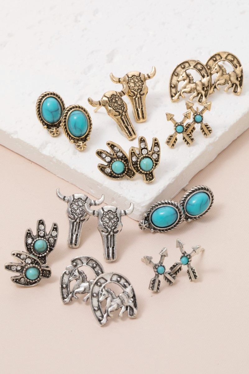 Assorted Five Pair Western Stud Earrings Set