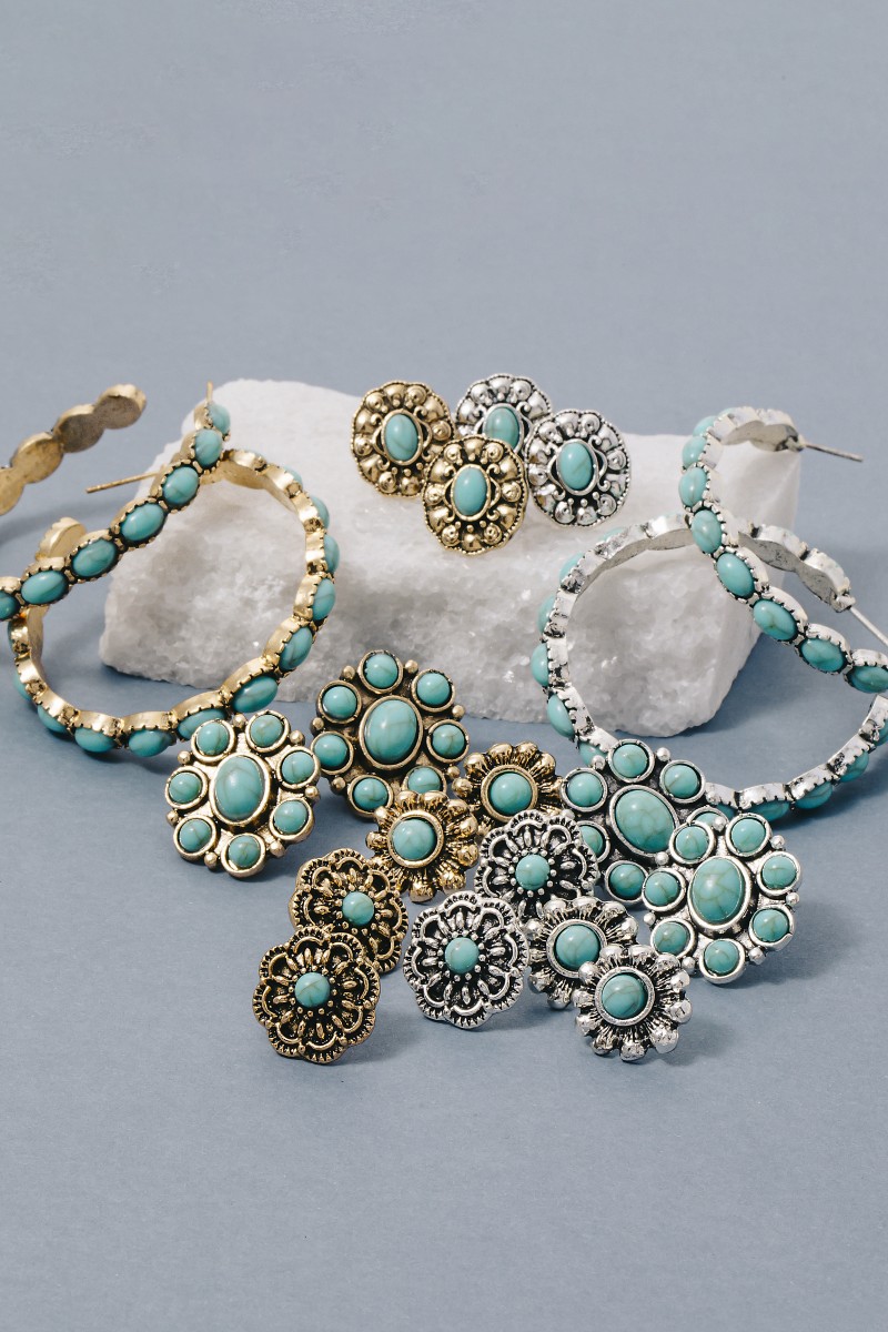 Turquoise Stone Assorted Concho Earrings Set