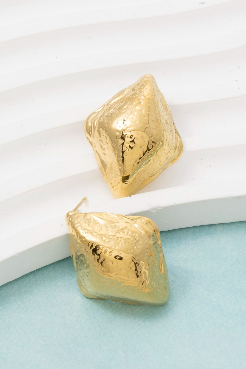 Gold Dipped Hammered Diamond Shape Stud Earrings