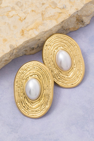 Gold Dipped Textured Oval Frame Pearl Center Stud Earrings