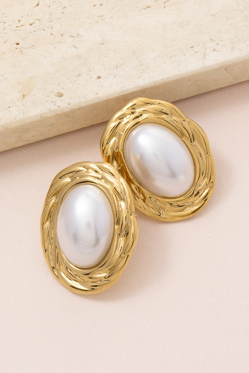 Gold Dipped Braided Oval Frame Pearl Center Stud Earrings