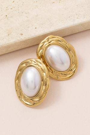 Gold Dipped Braided Oval Frame Pearl Center Stud Earrings