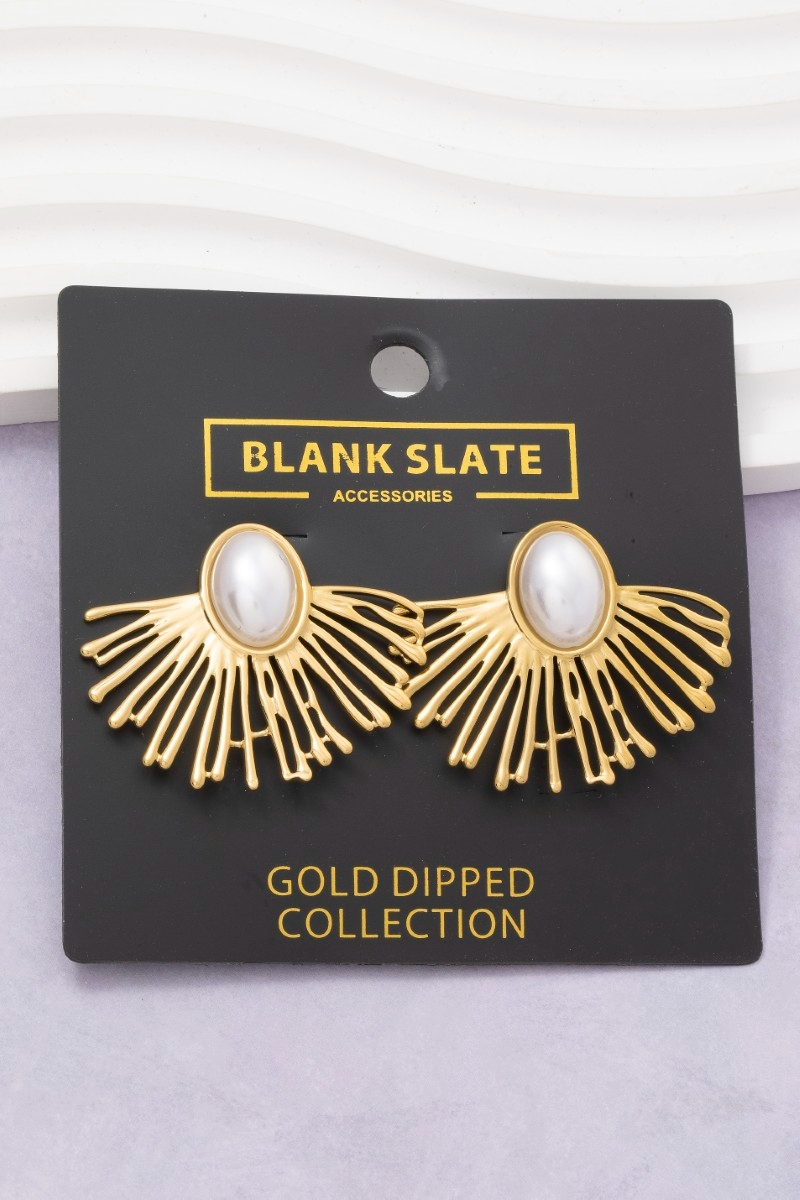 Gold Dipped Pearl Center Fan Ray Stud Earrings