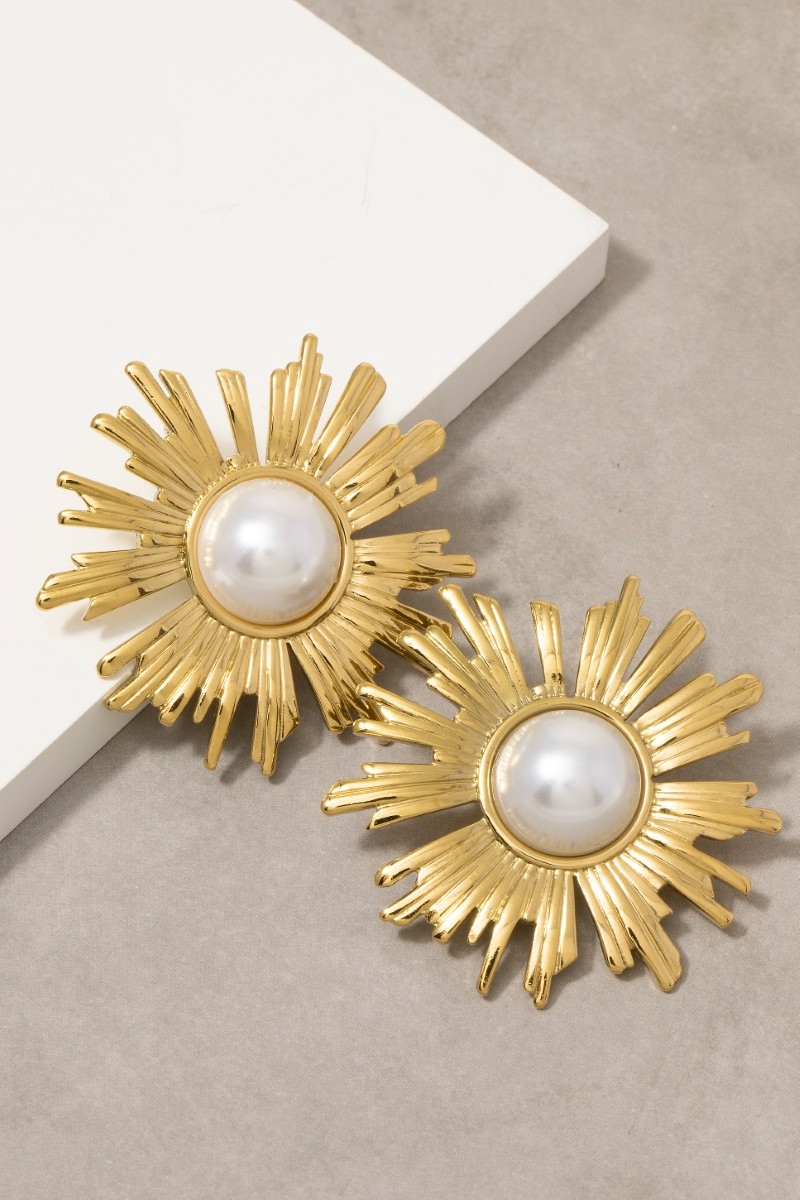 Gold Dipped Sunburst Pearl Center Statement Stud Earrings