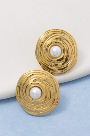 Gold Dipped Swirl Disc Pearl Center Stud Earrings