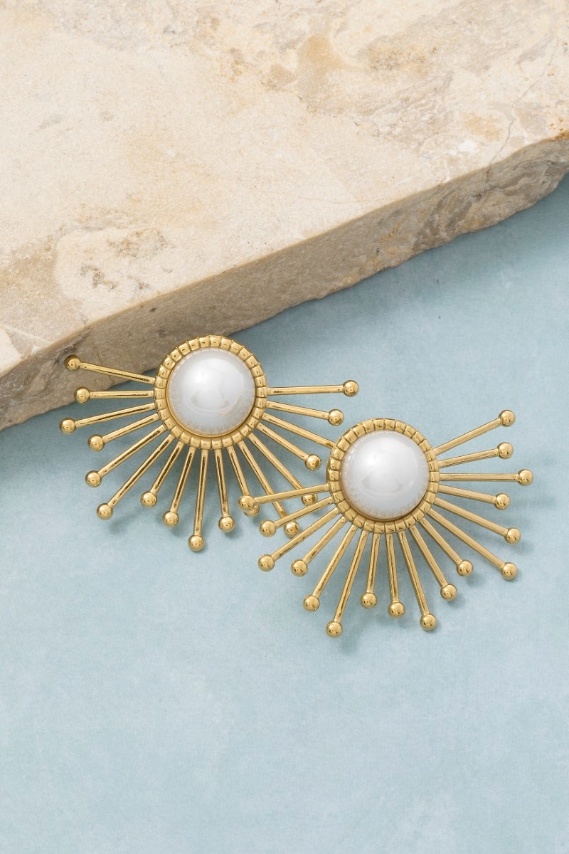 Gold Dipped Pearl Center Starburst Spike Stud Earrings