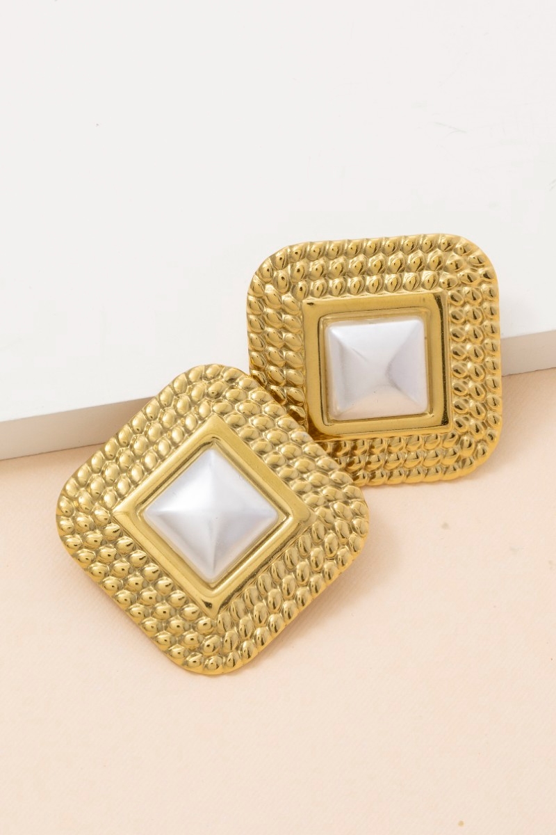 Gold Dipped Dotted Square Pearl Center Stud Earrings