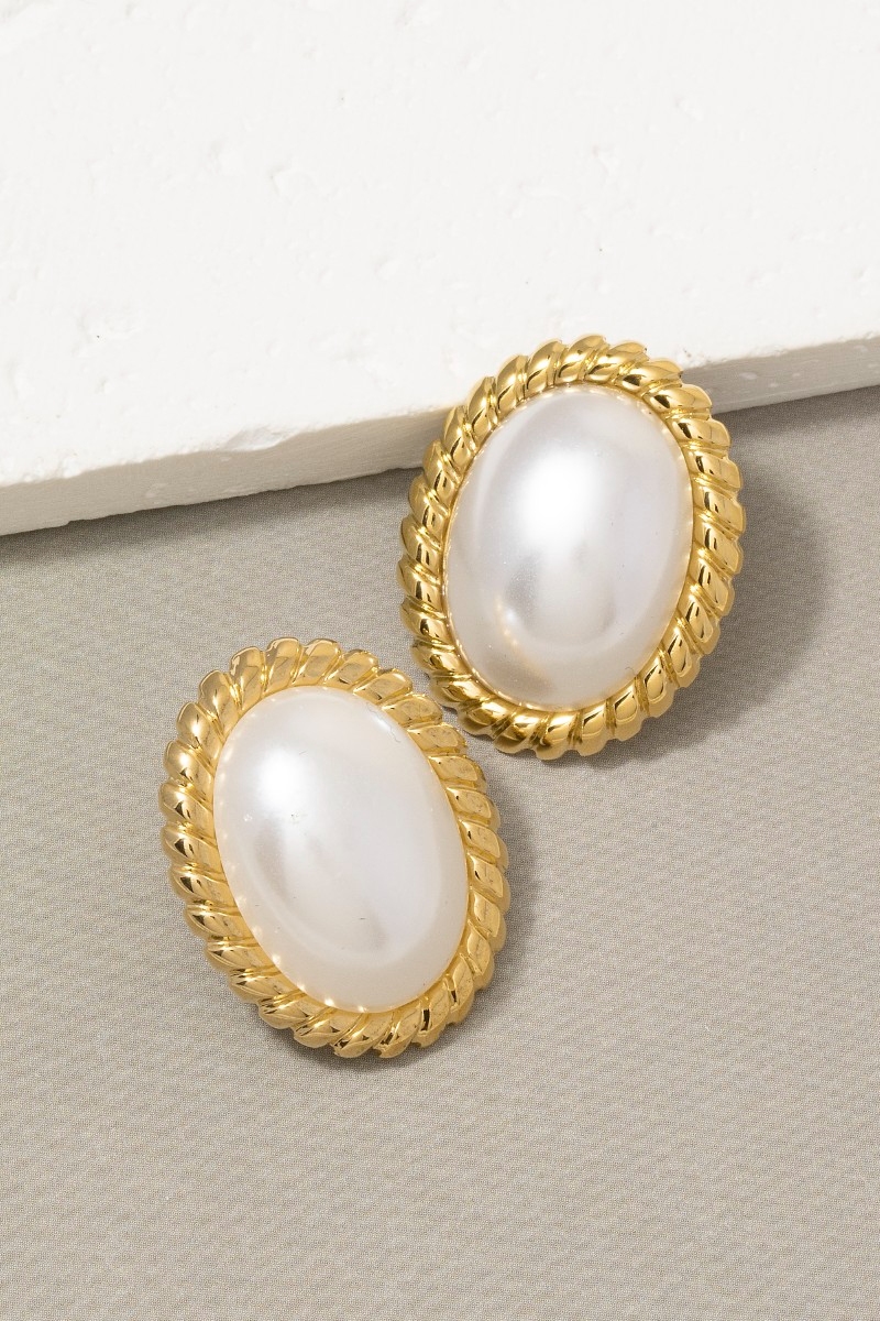 Gold Dipped Rope Edge Oval Pearl Stud Earrings