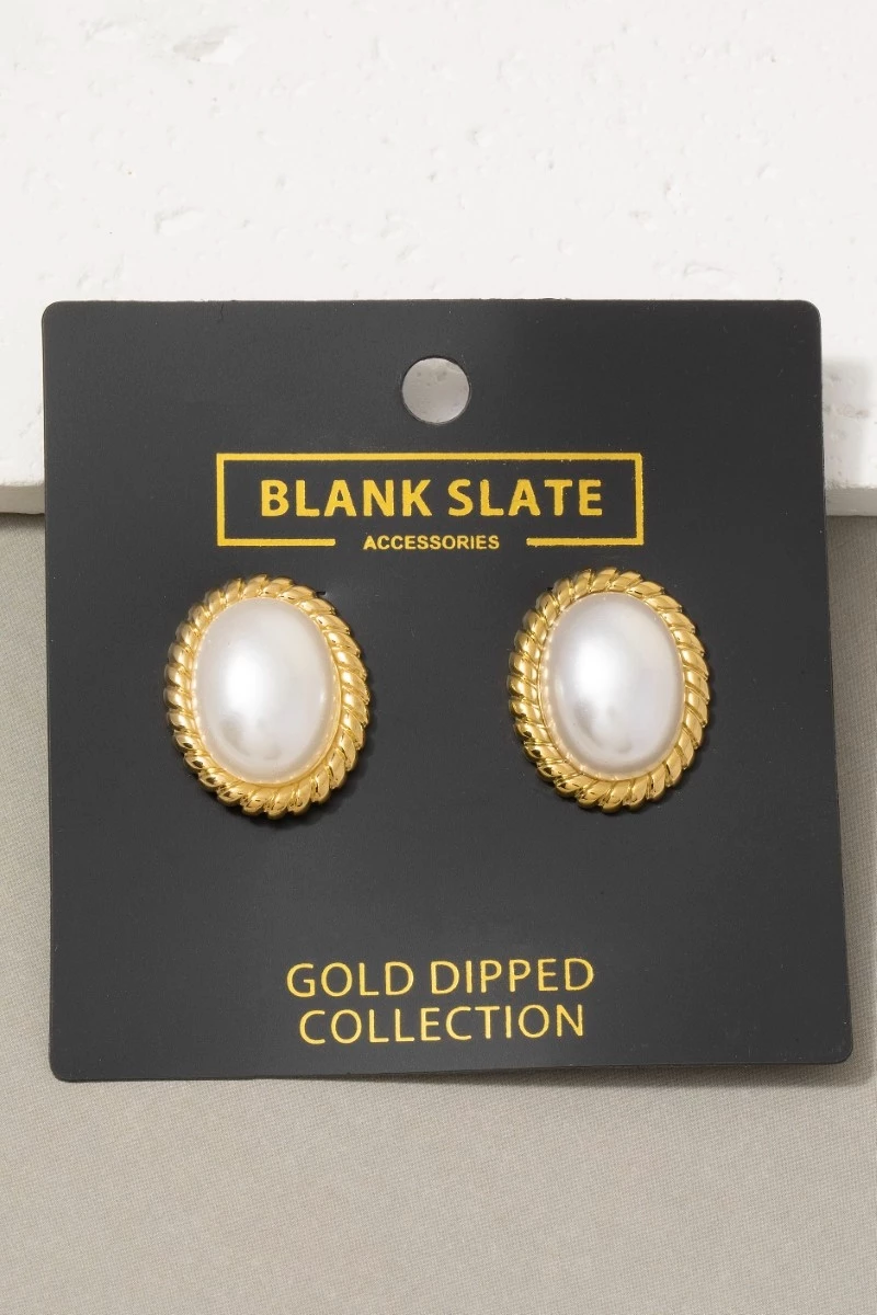 Gold Dipped Rope Edge Oval Pearl Stud Earrings
