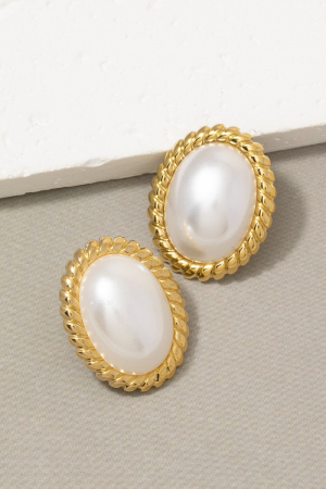 Gold Dipped Rope Edge Oval Pearl Stud Earrings
