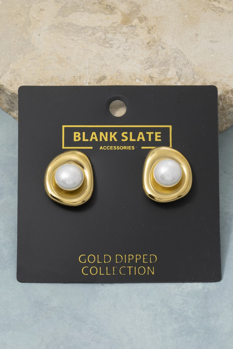 Gold Dipped Organic Frame Pearl Stud Earrings