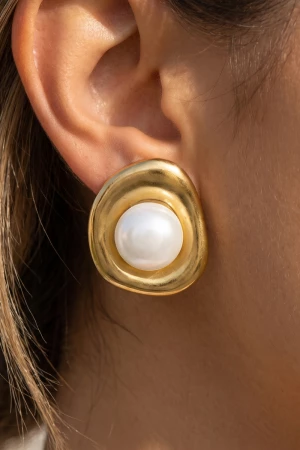 Gold Dipped Organic Frame Pearl Stud Earrings