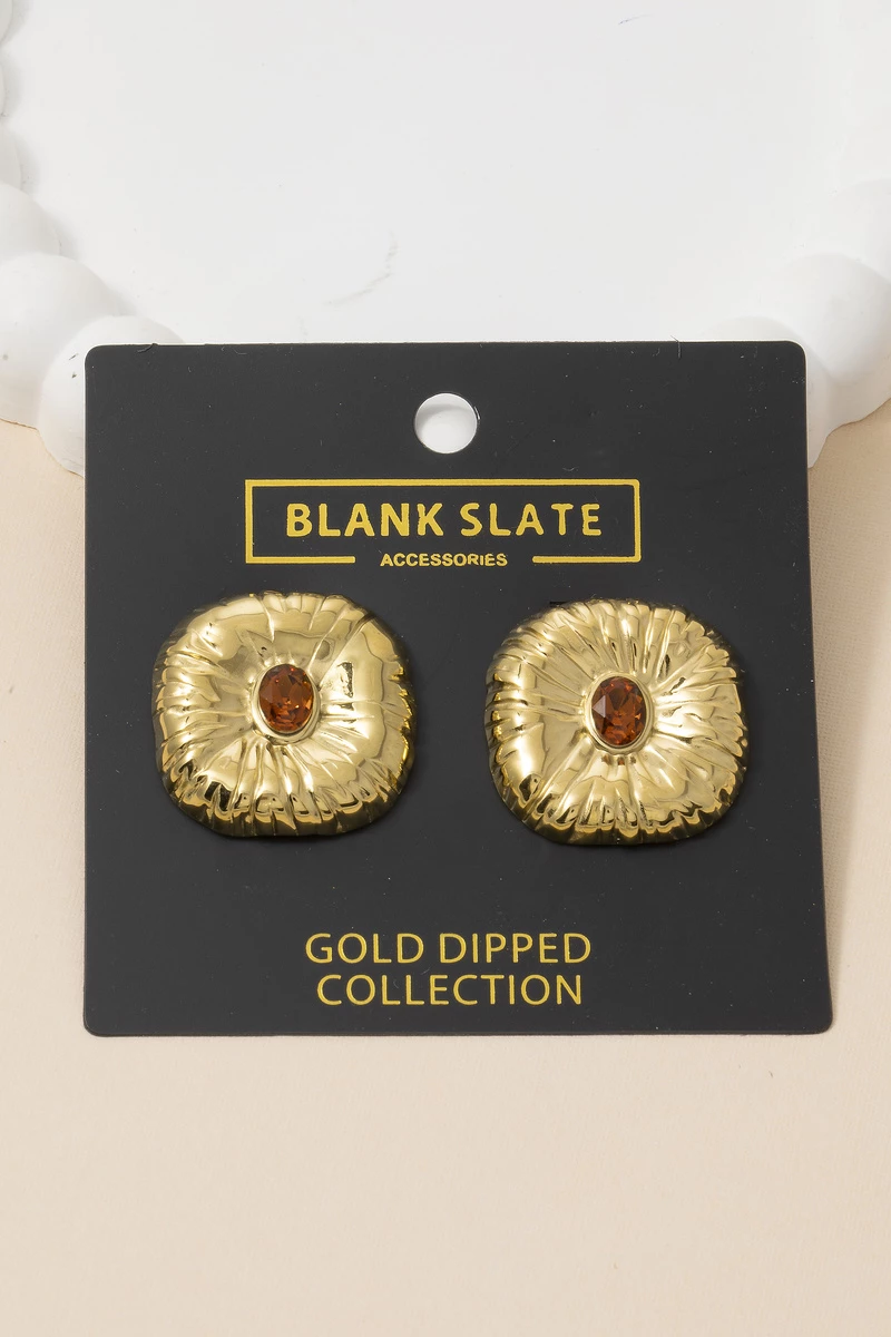 Gold Dipped Fluted Square Cz Center Stud Earrings