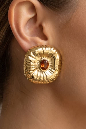 Gold Dipped Fluted Square Cz Center Stud Earrings
