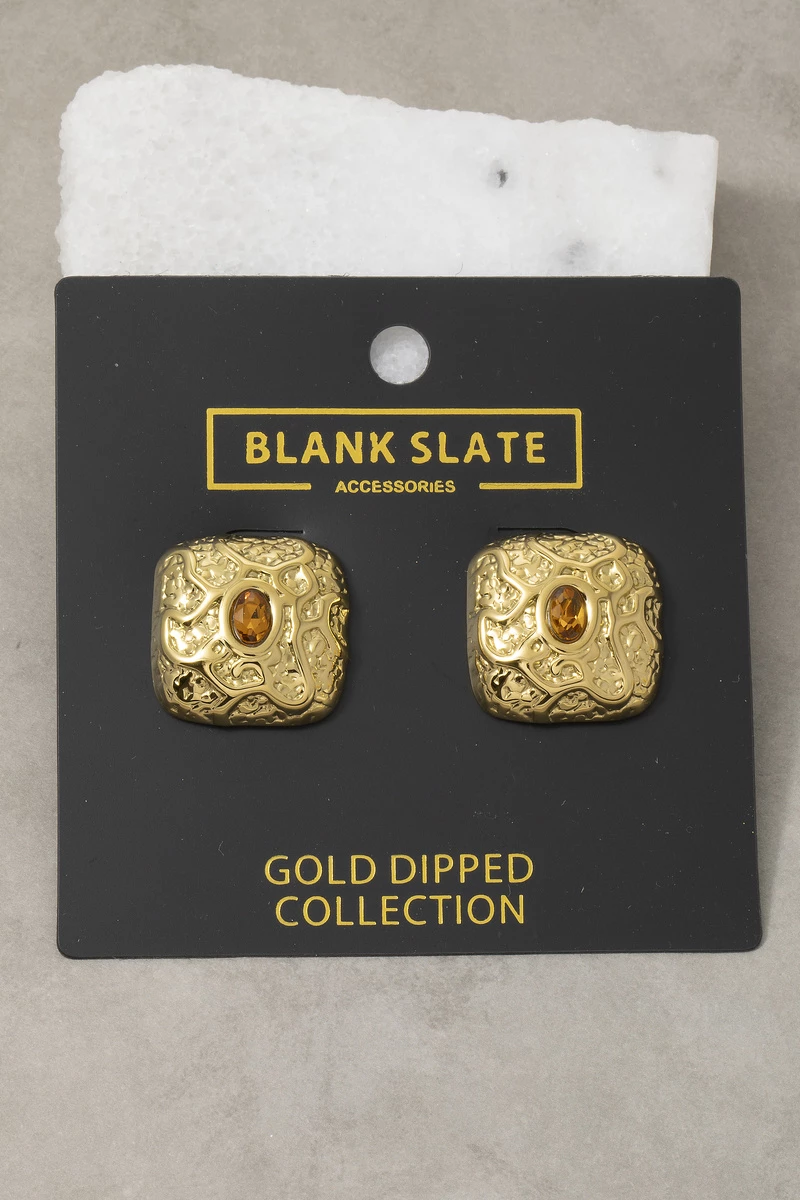 Gold Dipped Filigree Square Cz Stud Earrings