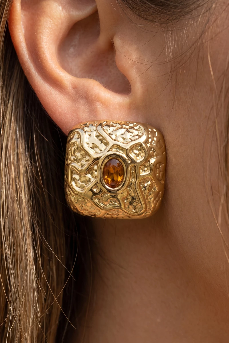 Gold Dipped Filigree Square Cz Stud Earrings