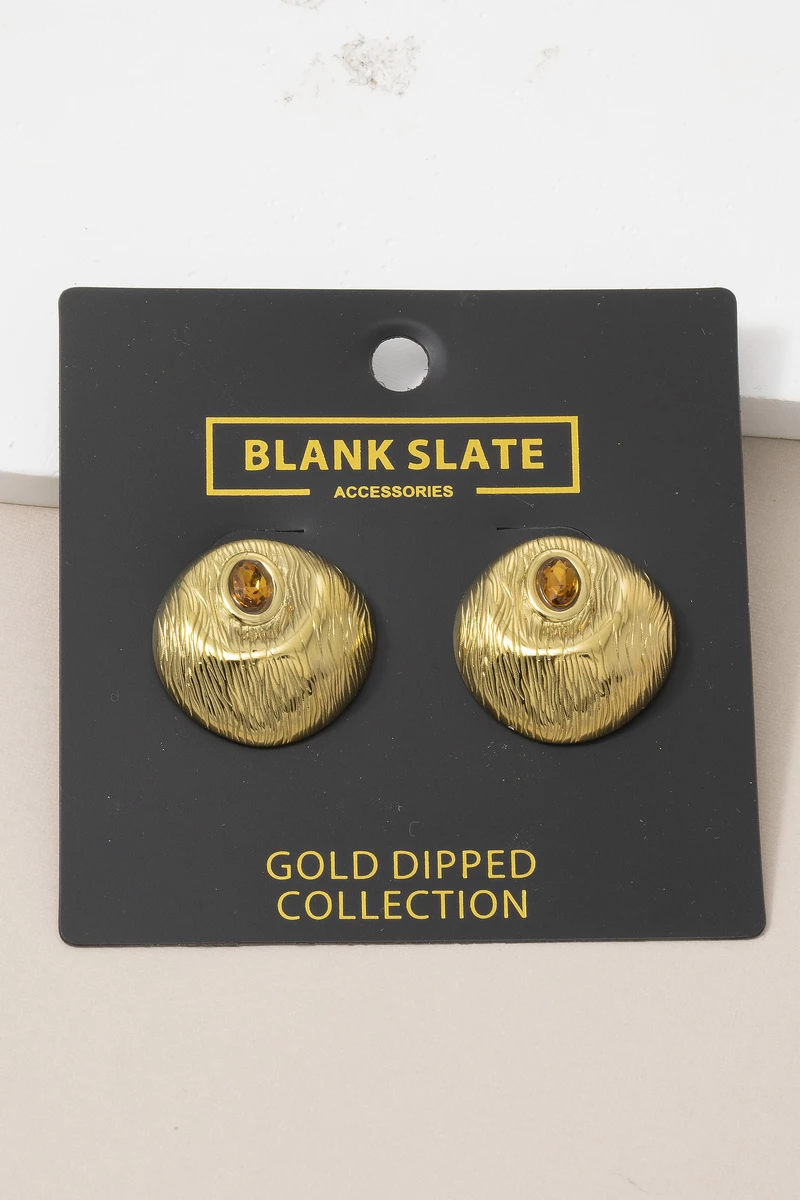 Gold Dipped Textured Round Dome Cz Stud Earrings